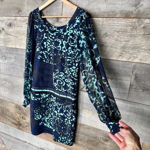 Analili Geometric Scroll Mini Dress Sheer Silk Sleeves M Navy Teal Party Miami